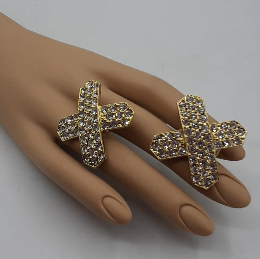 Kenneth Lane Rhinestone Clip On Earrings Criss Cross Gold Tone Signed